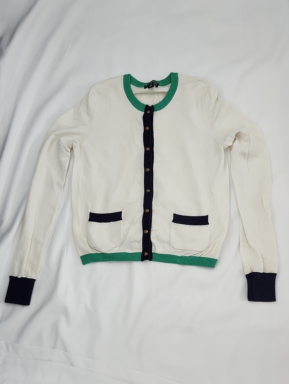 The Webster Miami Women’s Cream Cardigan with Green Trim and Navy Accents